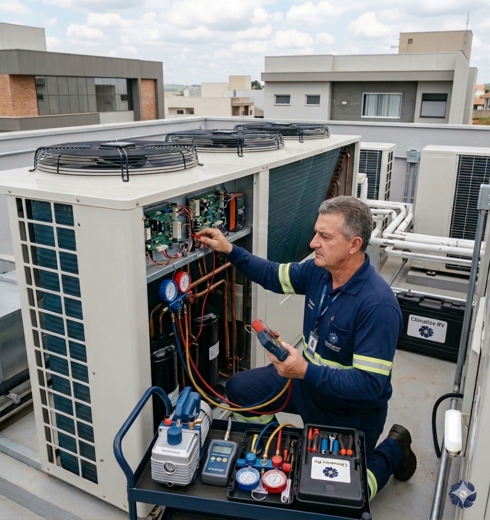 Técnico da ClimatizeRV em manutenção de sistema VRF